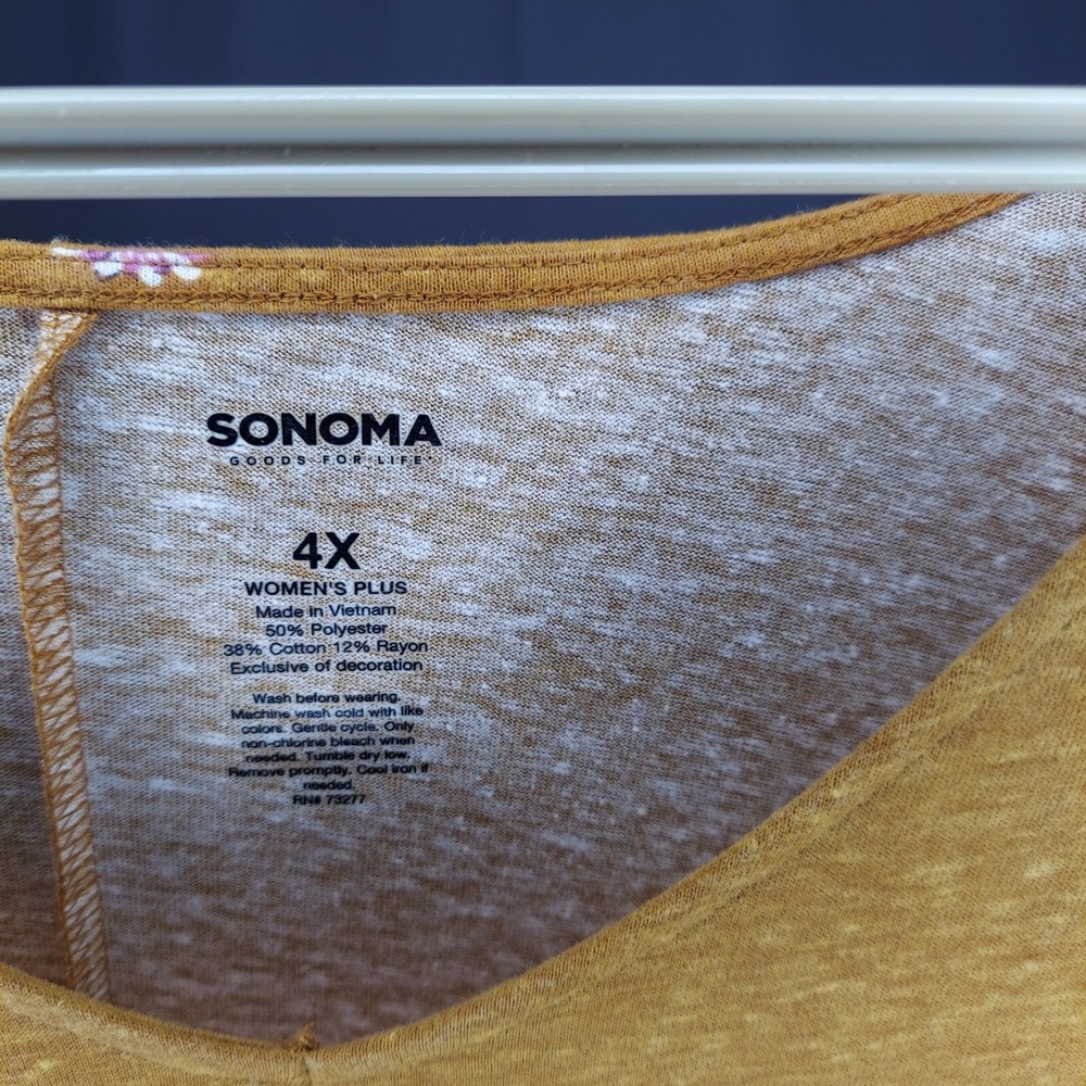 Sonoma Retro Floral Top Women 4X Gold Knit Ruffle Flutter Smocked - Picture 3 of 7